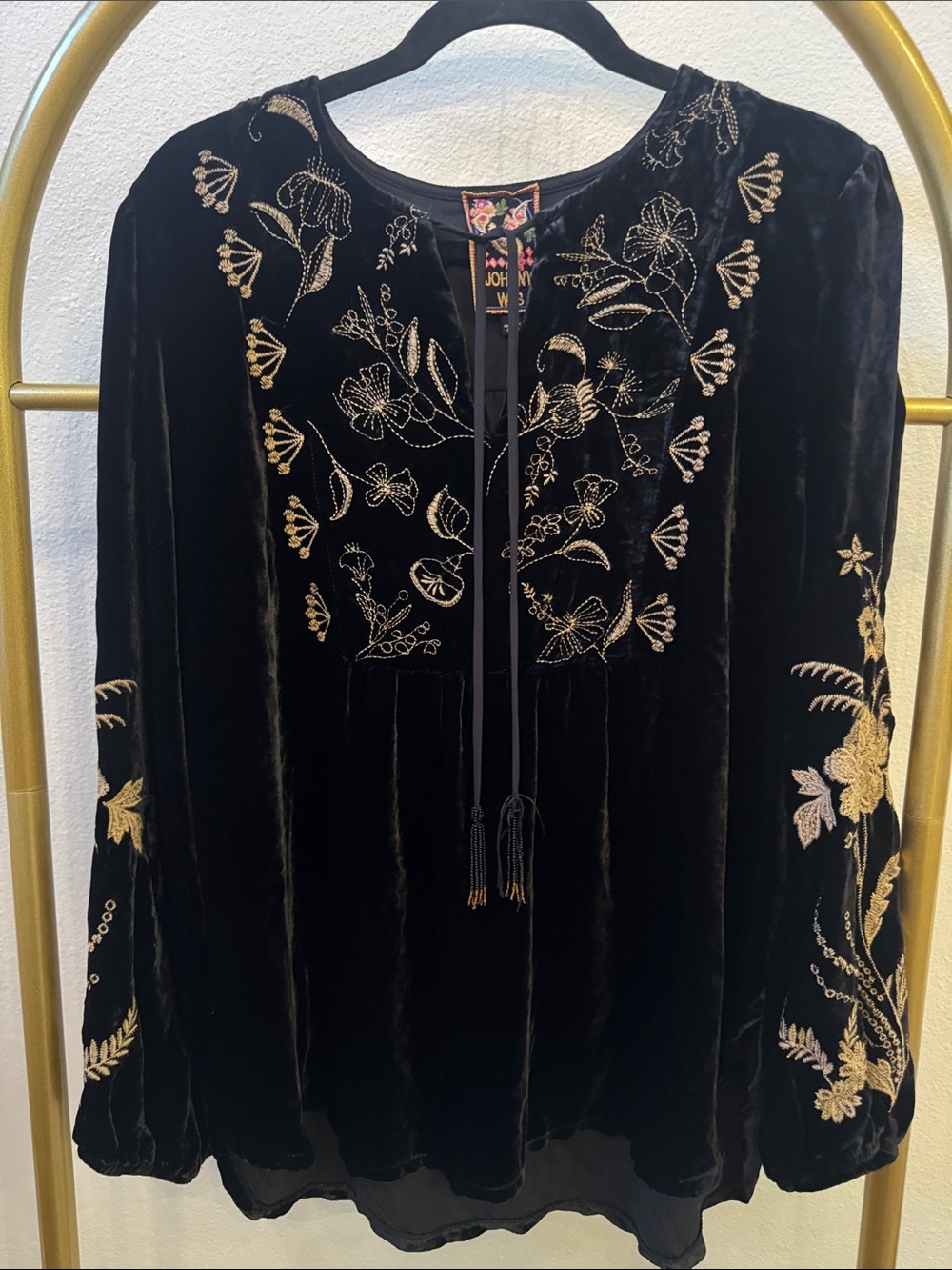 Johnny Was Black Velvet Top with Gold Embroidered Floral Detail